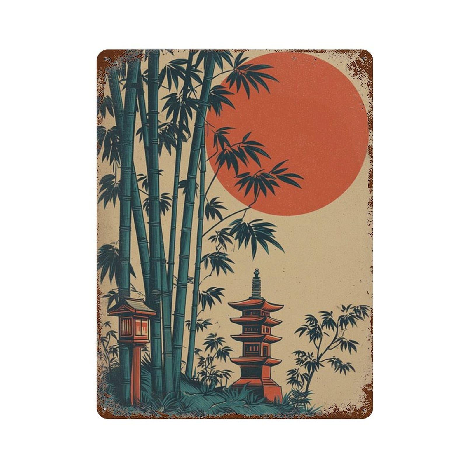 xiaoxiaoshen Japanese Pagoda Bamboo Red Sun Landscape Ukiyo (2) Wall Decor Art Metal Tin Poster Modern Home Decor Art Home Bar Shop Decorations Vintage Sign 40x30cm