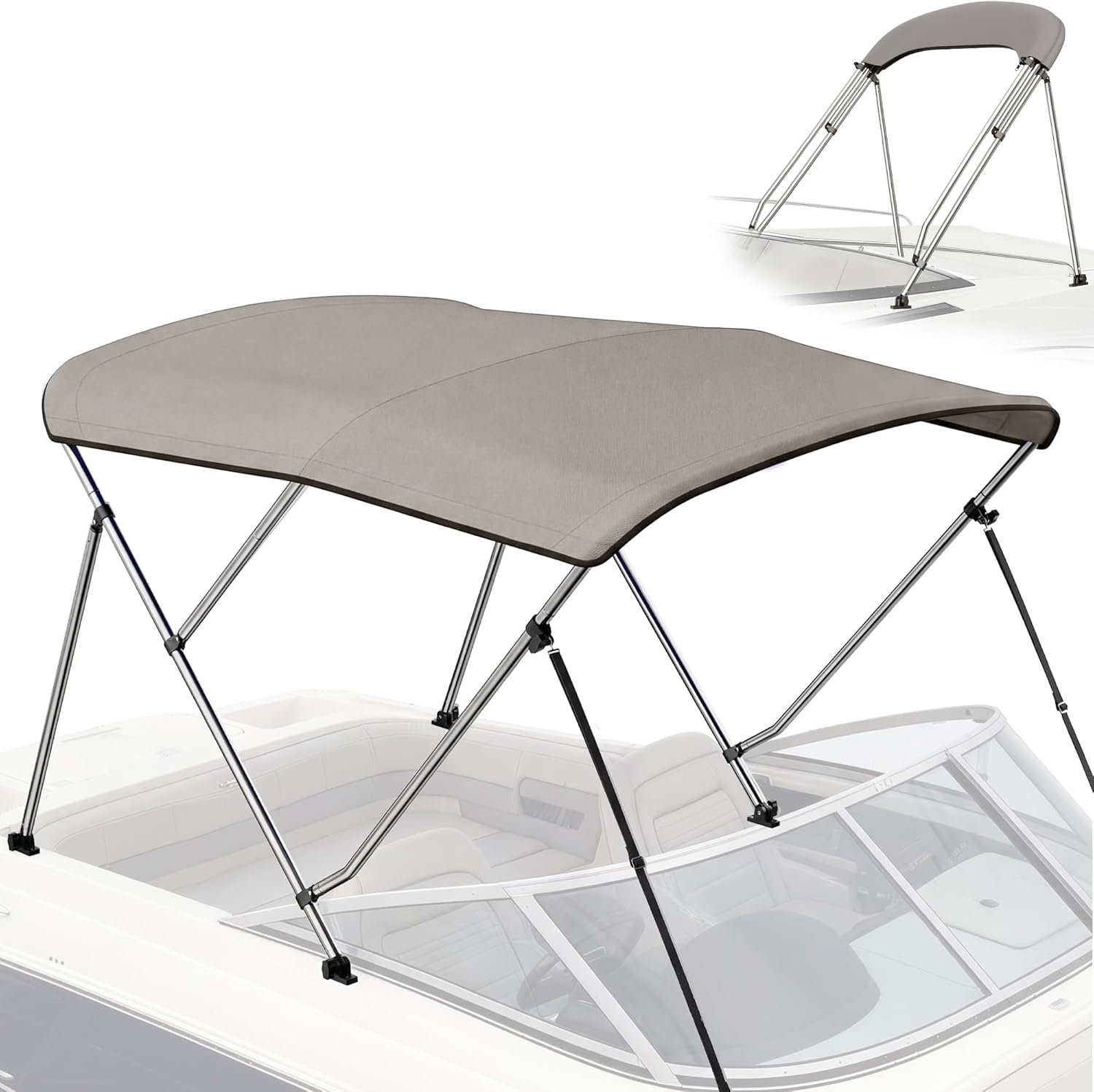 Bimini Top for Boats - 900D Waterproof & UV-Proof Polyester Sun Shade Boat Canopy with Zippered Storage Boot, 2 Rear Poles, 4 Adjustable Straps, Boat Bimini Top Gray (3 Bow 6'L x 46"H x 67"-72"W)
