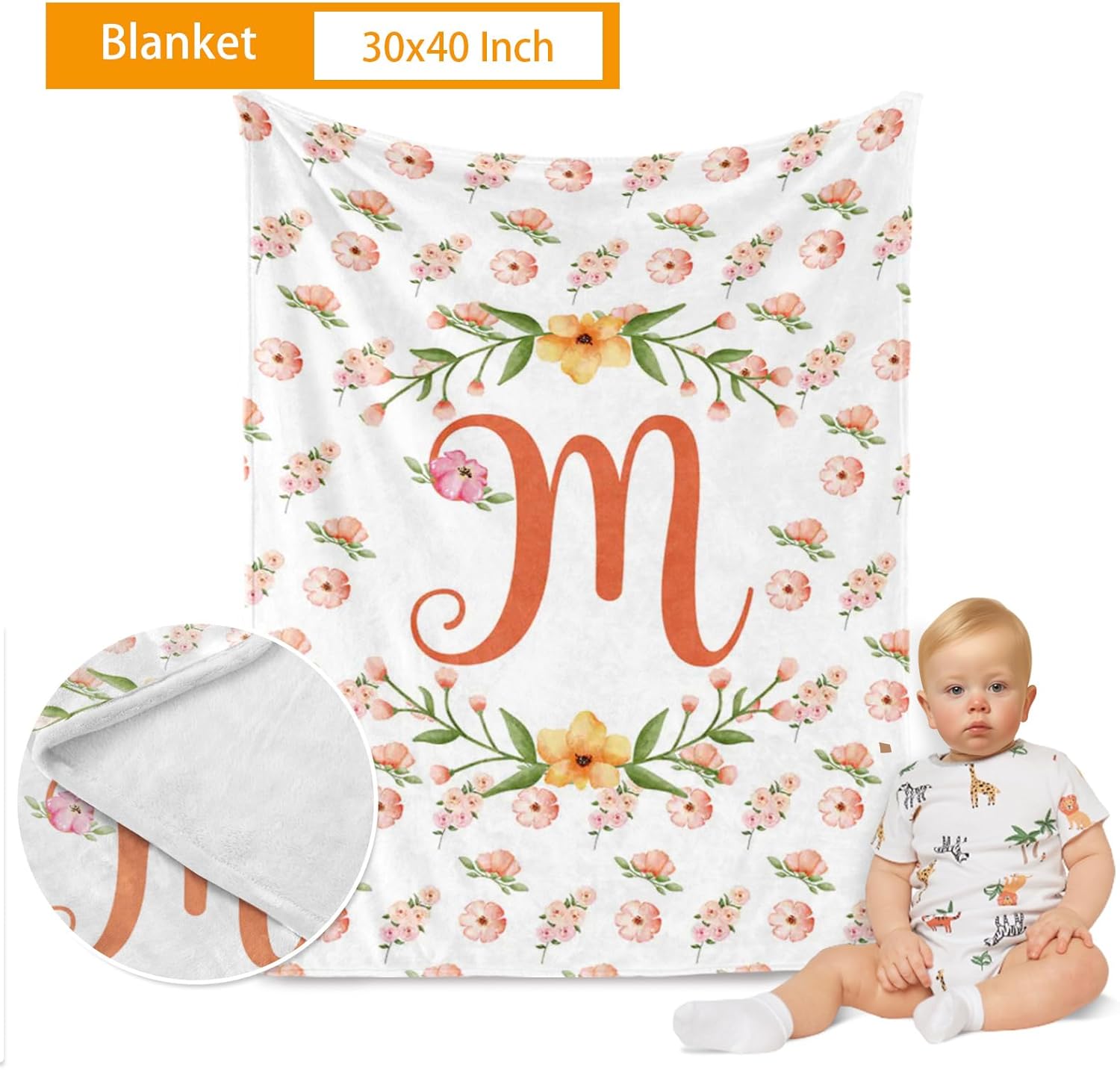 Custom Baby Crib Bedding Set, 4 Pcs Personalized Flower Bedding Set with Name, Flannel Blanket Fitted Sheet Pad Cover Rug for Girls Boys New Parents Baby Shower Toddlers Gifts Nursery Decor