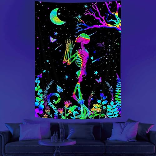 Miniatura 3 de MCKTOM Divertido tapiz de pared con luz negra, diseño de calavera y luna, diseño de esqueleto, meditación, espiritual, trippy, bohemio, flores,