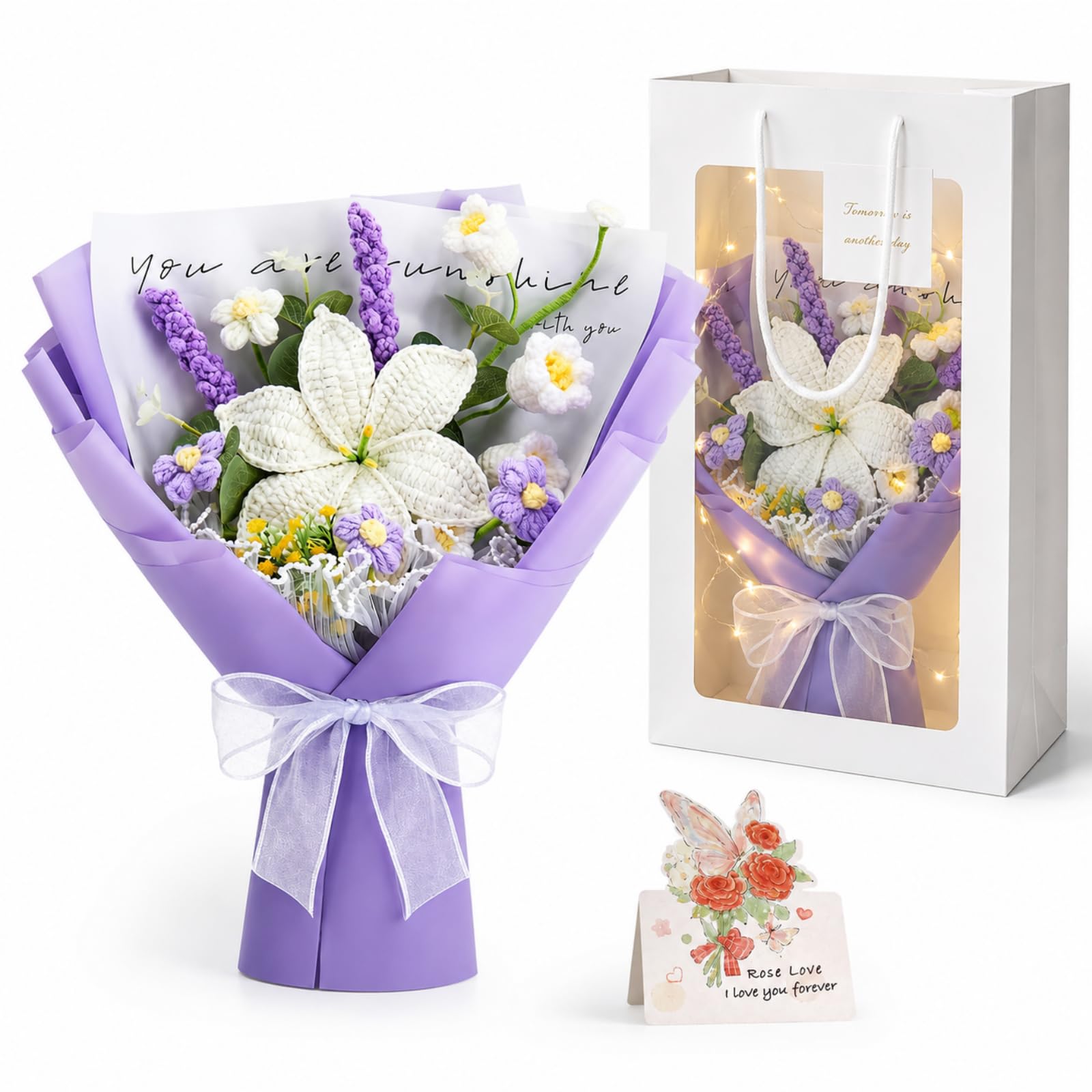CECOMBINE Crochet Flower Bouquet, Handmade Knitted Flowers with LED String Lights, Gift Bag & Greeting Card Included, Birthday Gift for Women, Mum, Best Friend, Teacher, Graduation Gift (Purple)