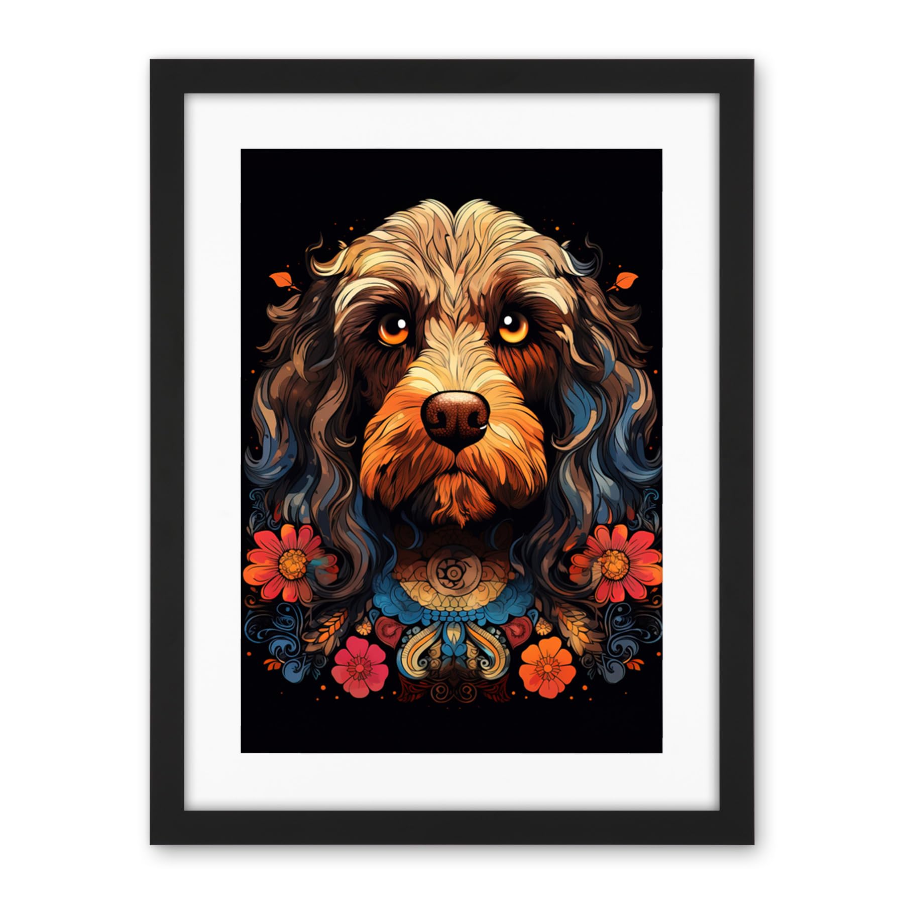 Artery8 Cockapoo Dog with Ornate Collar and Flowers Symmetrical Floral Artwork Orange Pink Blue Tribal Design on Black Artwork Framed Wall Art Print 18X24 Inch