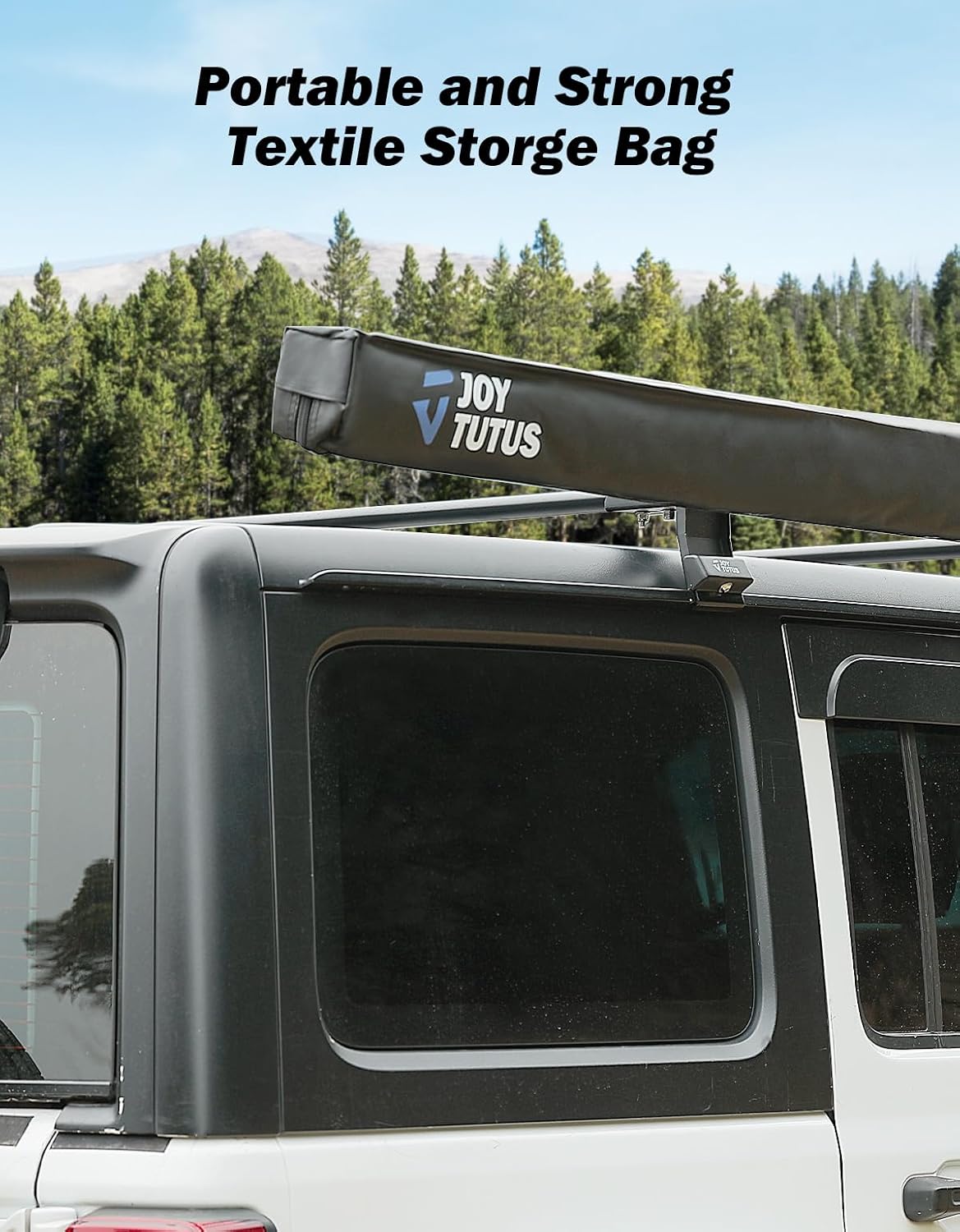 Woman standing under the JOYTUTUS Vehicle Awning during light rain, demonstrating its water-resistant coating.