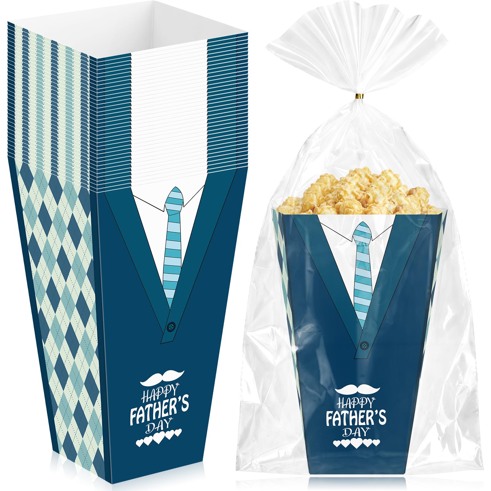 Yiyiring Juego de 48 cajas de palomitas de maíz para el día del padre con bolsas transparentes y corbatas, recipientes de regalo para mamás, a cuadros, corbata, dulces, galletas, cubo de regalo para
