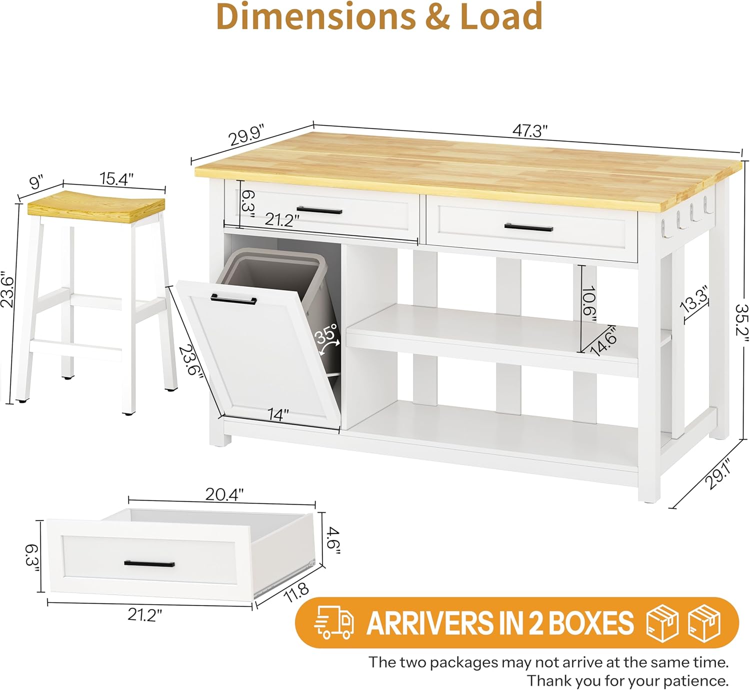Kitchen Island with Storage and Seating Include 2 Bar Stools, 47" Solid Rubberwood Top Kitchen Island with Trash Can Storage, Power Outlet, 2 Drawers & Open Shelves Cabinet, Dining Table for 2, White