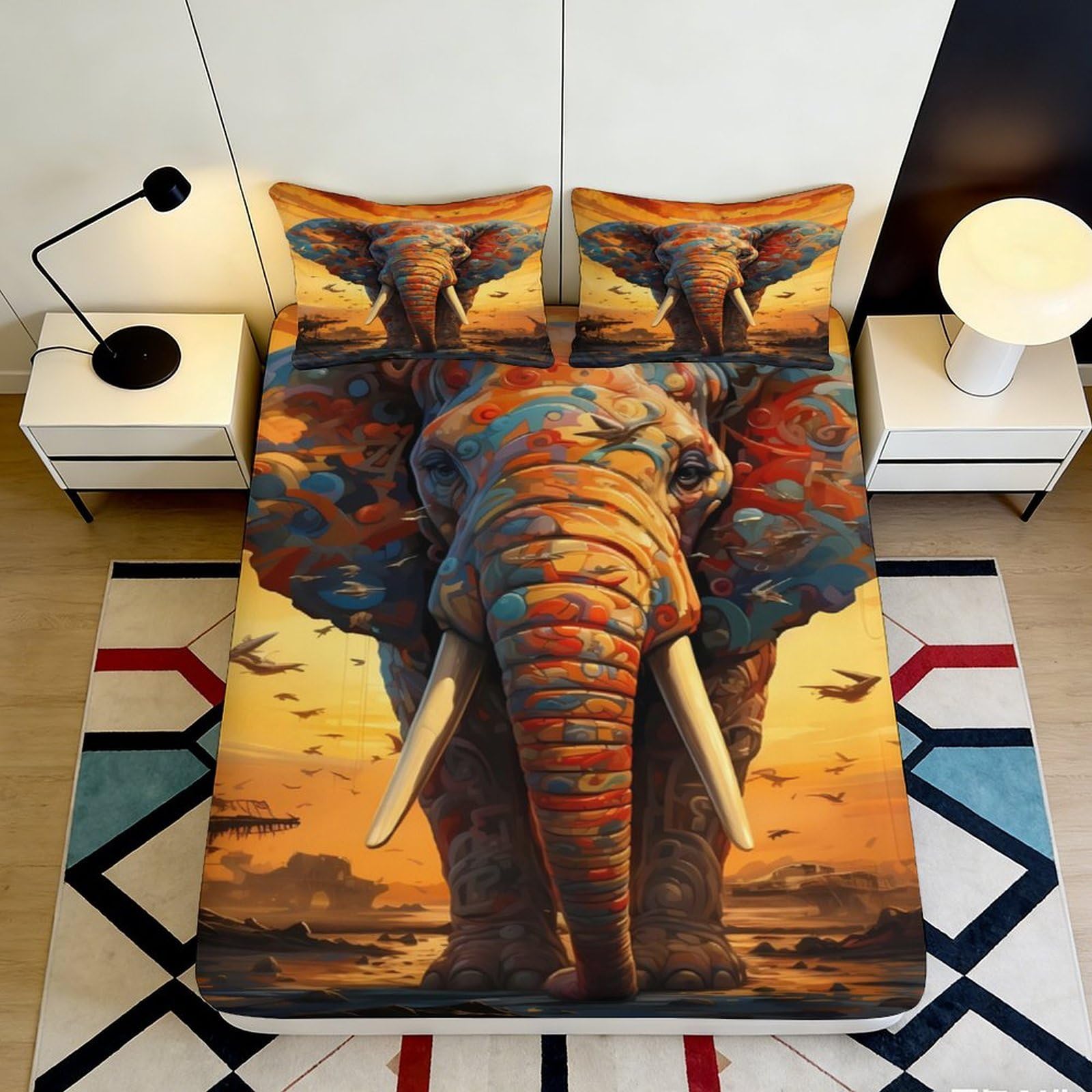 Pnayamiorkfel Style-4 3D Printed Colorful Elephant Fitted Sheet Microfiber Soft Breathable African Sunset Bed Cover For Bedroom Decor 90X200x25cm