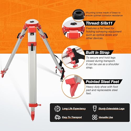 Miniatura 3 de Trípode de topografía, trípode de levantamiento de aluminio con abrazadera rápida de cabeza plana de 11 roscas de 58 pulgadas para nivel automático