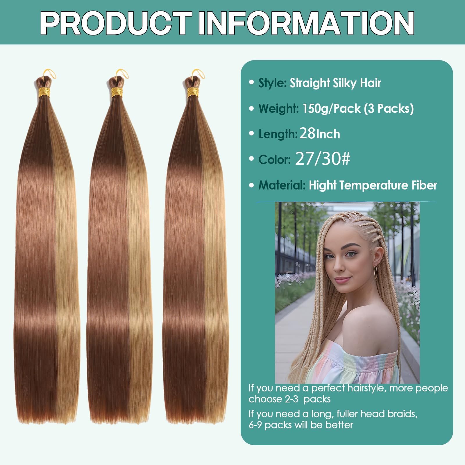 Locescsoc 28 Inch Straight Hair Extensions 150g 3 Packs Bone Straight Braiding Hair - Image 2