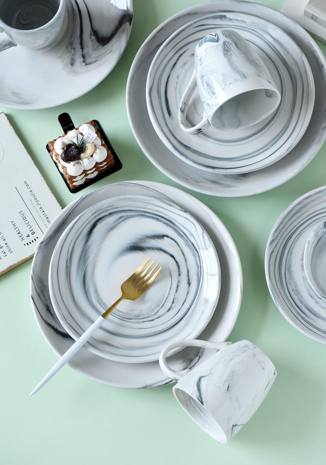 16 Piece Marble Dishes Dinnerware Sets, Marble Porcelain Dinnerware Set, Grey (4×Dinner Plates, 4×Dessert Plates, 4×Bowls, 4×Mugs, 16 Pack)