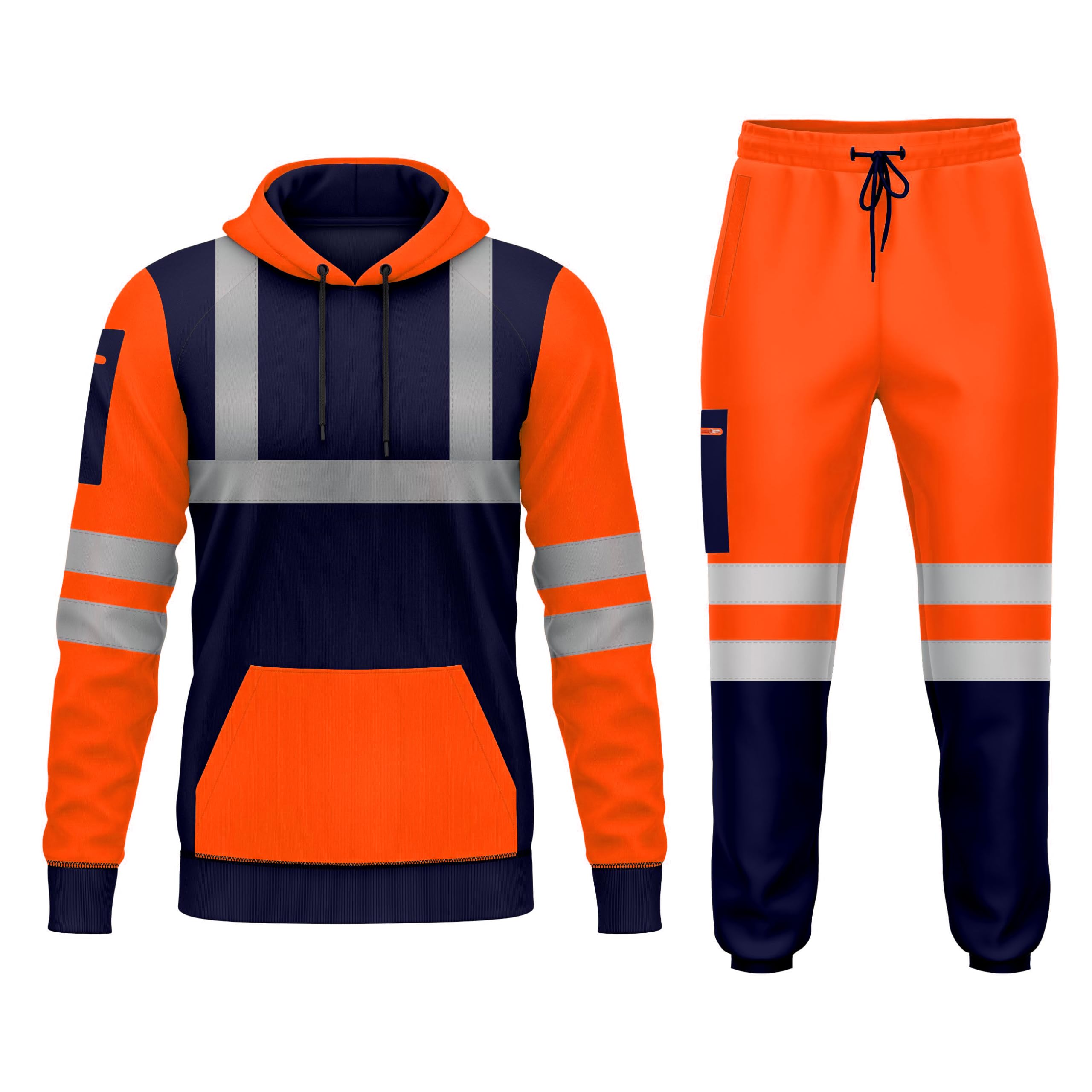 mymixtrendz Hi Vis Cuffed Pull Over Set Reflective Tape Band Tuta Nuova Giacca Pantaloni Uomo Alta Visibilità Workwear Set Taglie S/2XL, Arancione navy., XL