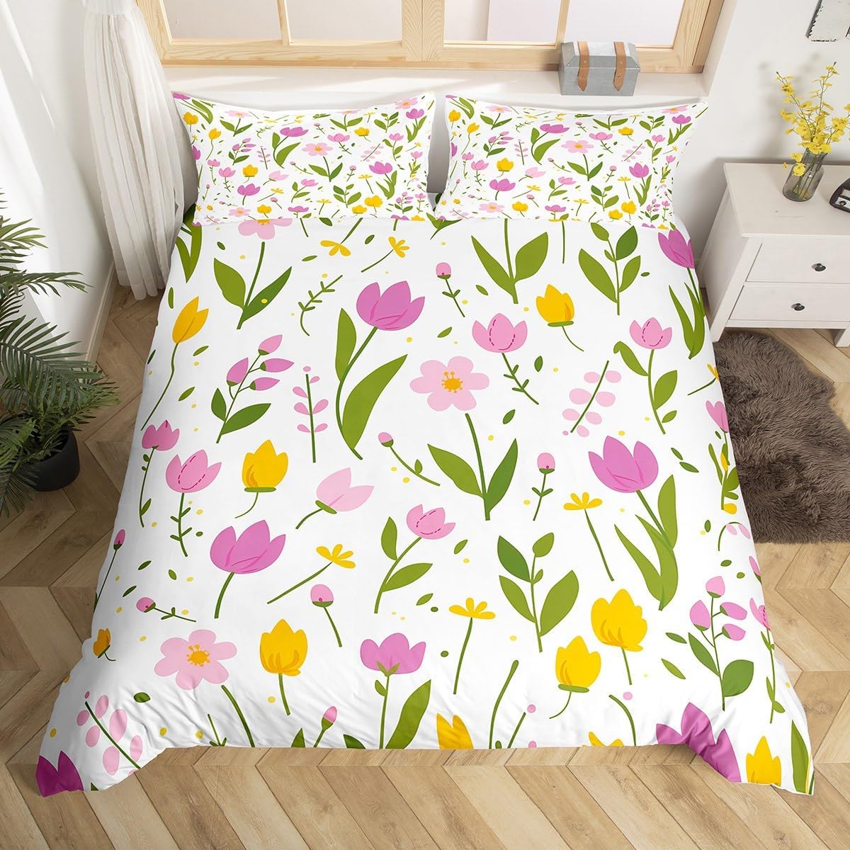 Erosebridal Purple Tulip Duvet Cover Queen Size Daisy Bedding Set for Kids Girls Women Flowers Leaves Petals Comforter Cover Plants Yellow Purple Garden Bedclothes