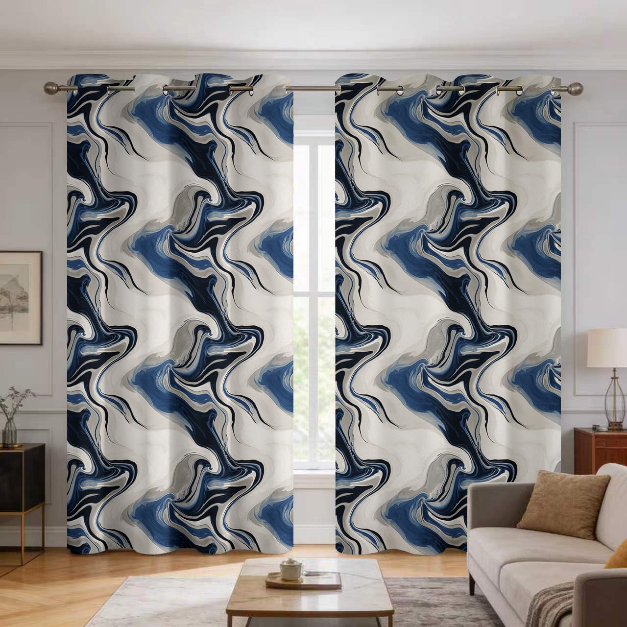 Rideau occultant abstrait bleu et blanc pour la décoration du salon et de la chambre