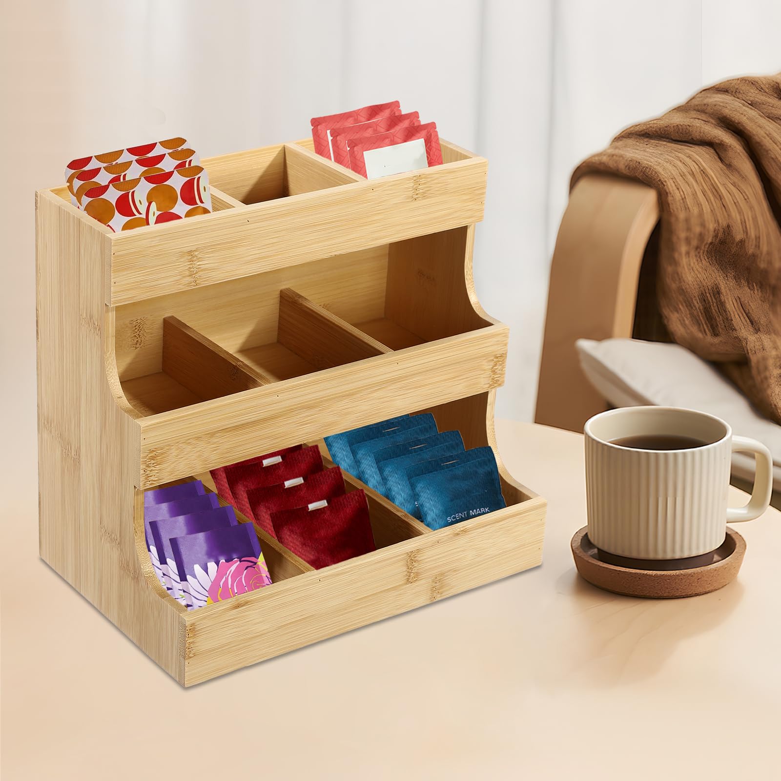 Organizer per bustine da tè, in bambù, con 3 livelli, per 9 scomparti, per caffè e bustine da tè, organizzatore per casa, ufficio, caffetteria o sala da tè