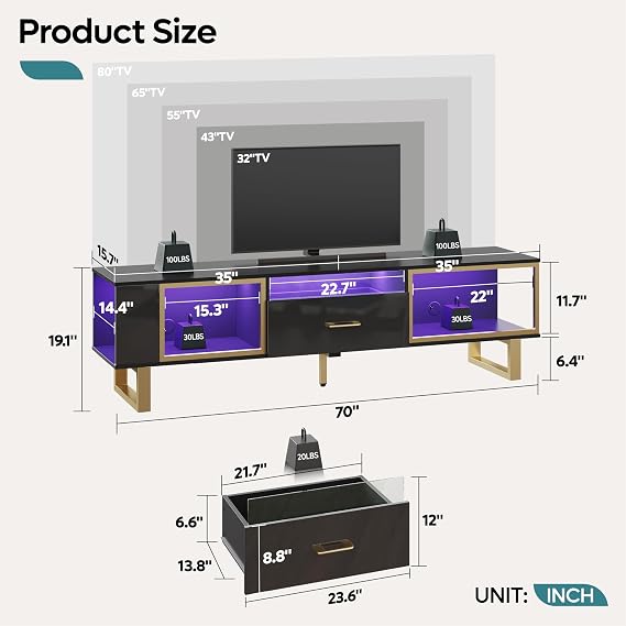 Bestier 70 inch TV Stand with LED Lights for 75 inch TV, LED Entertainment Center with Open Storage and Half-Glass Design Drawer, Modern High Gloss TV Console for Living Room Bedroom, Black and Gold