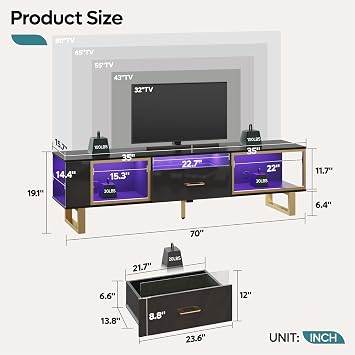 Bestier 70 inch TV Stand with LED Lights for 75 inch TV, LED Entertainment Center with Open Storage and Half-Glass Design Drawer, Modern High Gloss TV Console for Living Room Bedroom, Black and Gold