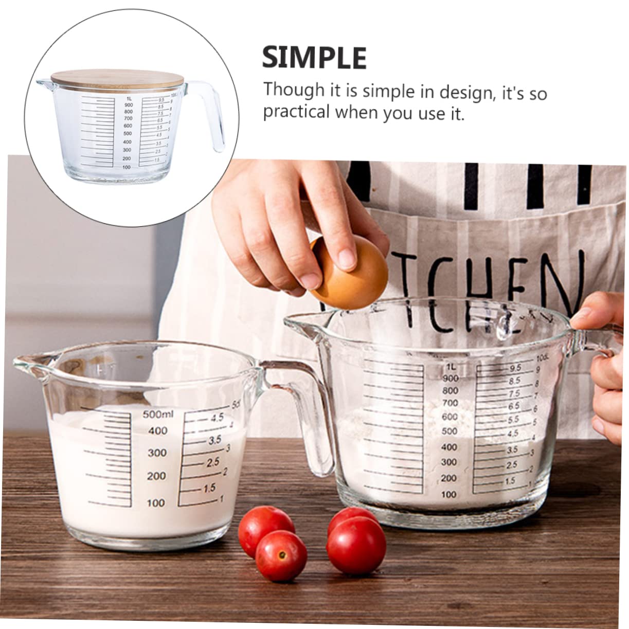 SOLUSTRE 1pezzi Misurino Graduato in Vetro Resistente Al Calore Utensile Da Cucina Per Misurare Ingredienti Con Design Trasparente e Coperchio in Legno Per Protezione