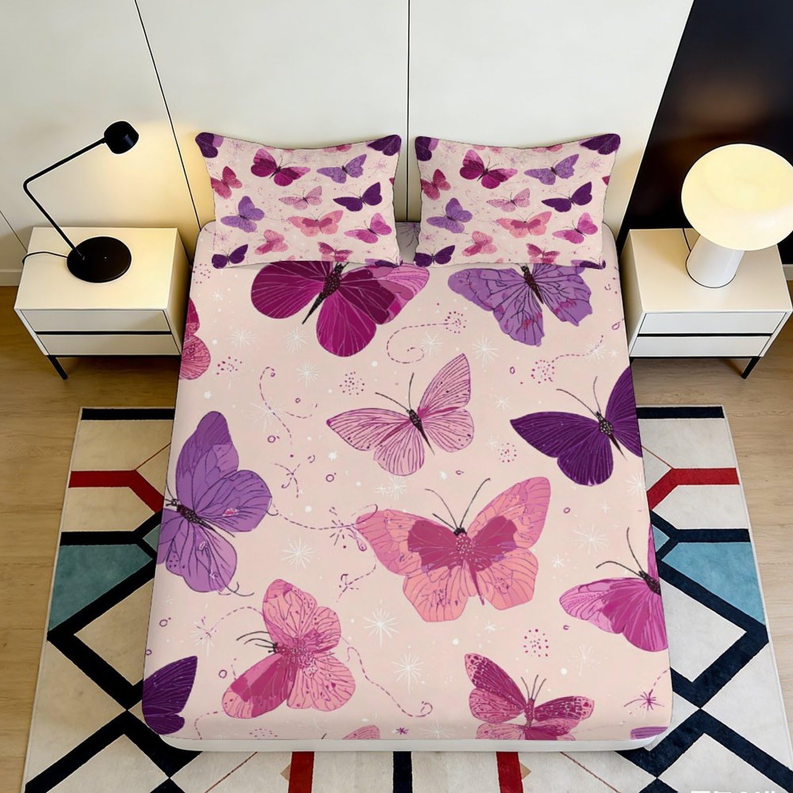 3D Printed Butterfly Fitted Sheet Microfiber Non-Slip Deep Pocket Butterfly Mattress Fitted Cover Elastic Hem Washable Bedding 200x200x25cm 90x200x25cm
