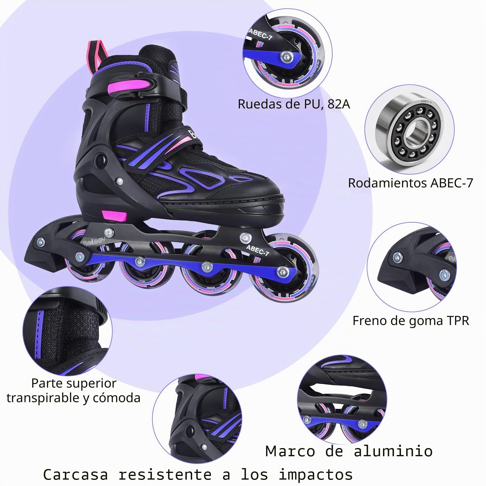 BELEEV Patines en Línea para Niños con Cordones y Ruedas Luminosas LED, Austables Patines Ideal para Niña Niño Principiantes Hombres Mujeres, Interiore Exteriores, Regalos cumpleaños Navidad