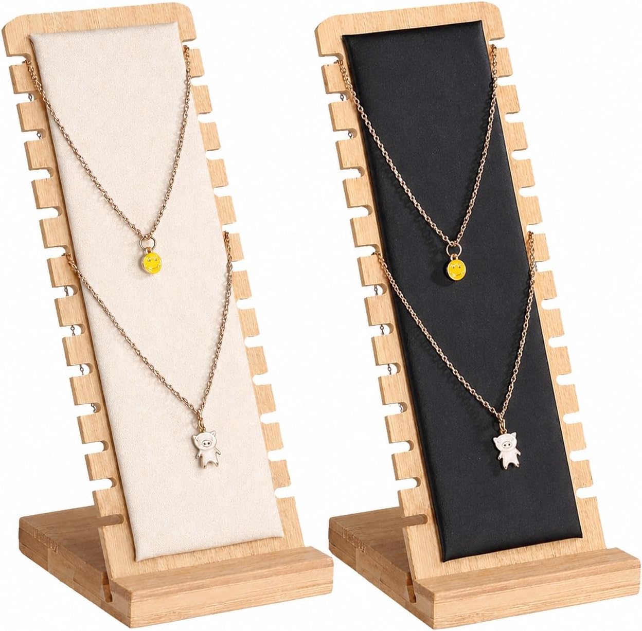 Wooden Necklace Display Stand Organiser 12 Slots for Retail Jewellery Photography Prop (Beige & Black 2 Pcs)