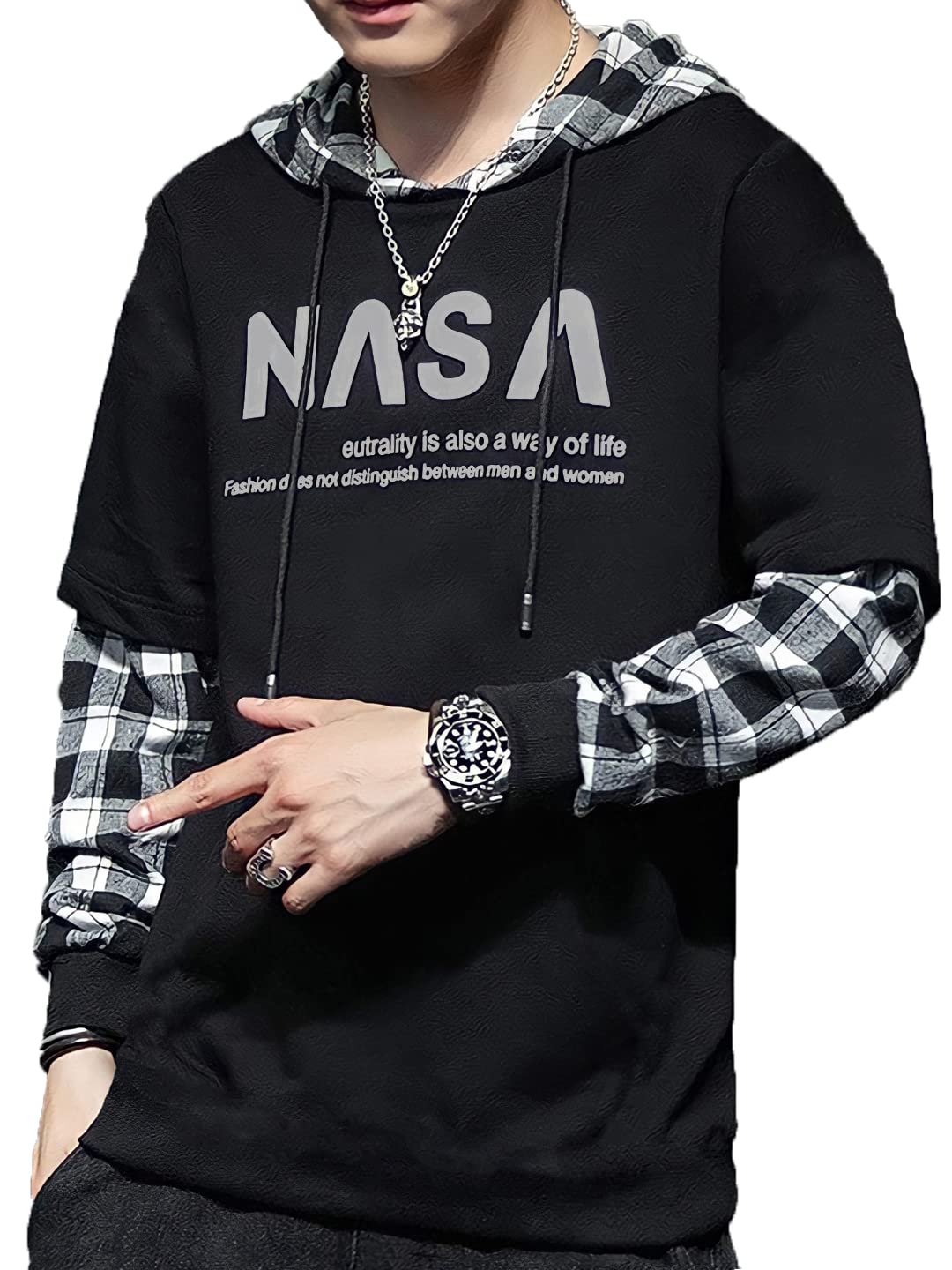 LEWELMen's Stylish Printed Hooded Full Sleeve T-Shirt (Black)