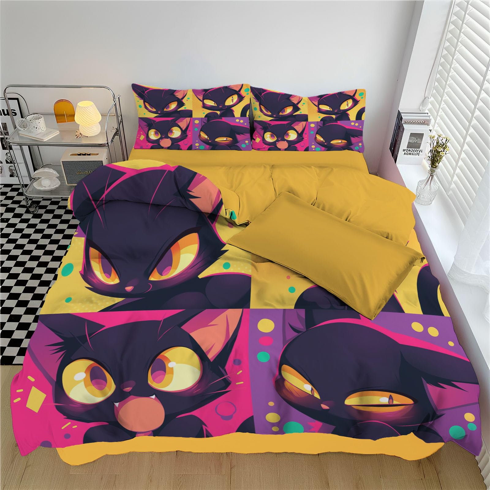 Housse de couette chat noir mignon parure de lit douce pour chambre d'ado et adulte
