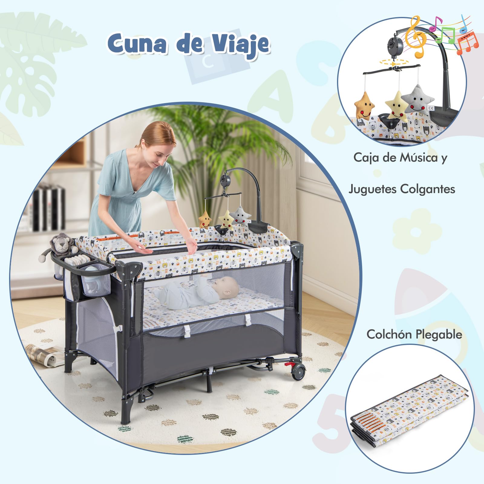 COSTWAY 5 en 1 Cuna de Viaje para Bebé con Colchón, Parque Infantil para Bebés con Cambiador de Pañales, Caja de Música y Juguetes Colgantes, Cuna Bebe con Bolsa de Almacenamiento (Gris)