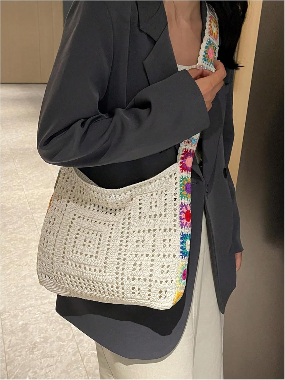 QWINEE Women's Boho Embroidery Crossbody Bag Hollow Out Crochet Knit Shoulder Bag Tote Handbag - Image 4