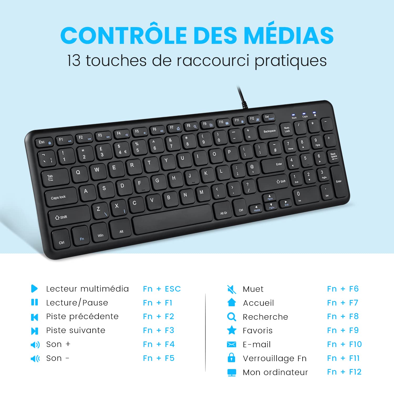 Perixx PERIBOARD-213U, Clavier Compacte Silencieux Filiare – Clavier Chiclet avec Touches Ciseaux Silencieuses et Touches Multimédia pour Windows - AZERTY Français - Noir