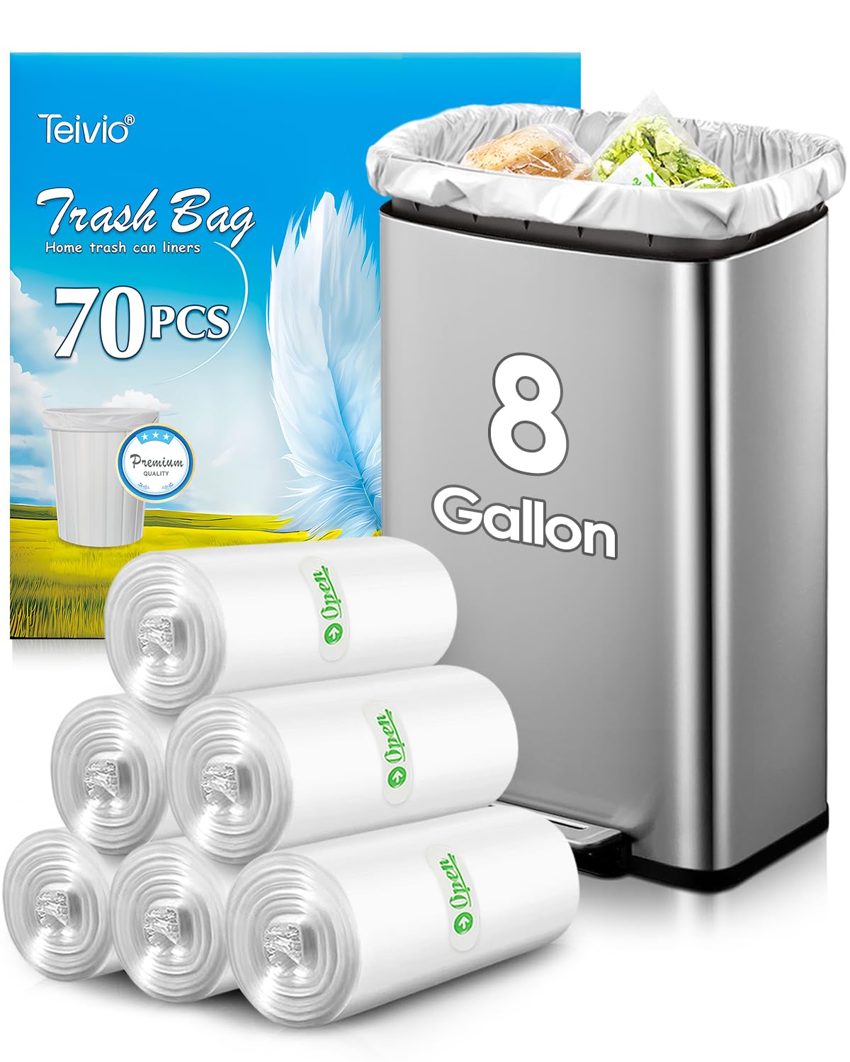 Teivio Medium Clear Trash Bags 8 Gallon 70 Count Kitchen Garbage Bags
