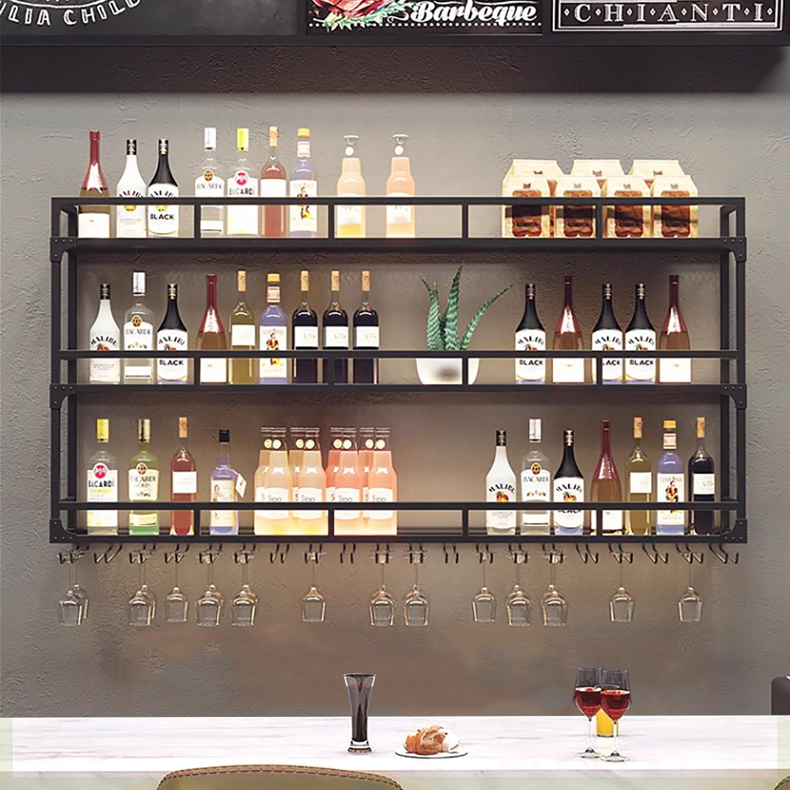 Étagère à vin murale TELCIM en fer noir 120cm avec porte-verres pour bar et cuisine