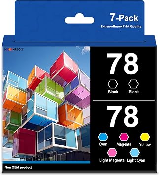 78 Ink Cartridge High Yield Black & Color Cartridge Combo Pack Replacement for 78 T078 Works with Artisan 50 Stylus Photo R260 R280 R380 RX580 RX595 RX680 Printer 7-Pack 2Bk/1C/1Y/1M/1LC/1LM