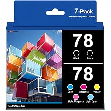 78 Ink Cartridge High Yield Black & Color Cartridge Combo Pack Replacement for 78 T078 Works with Artisan 50 Stylus Photo R260 R280 R380 RX580 RX595 RX680 Printer 7-Pack 2Bk/1C/1Y/1M/1LC/1LM