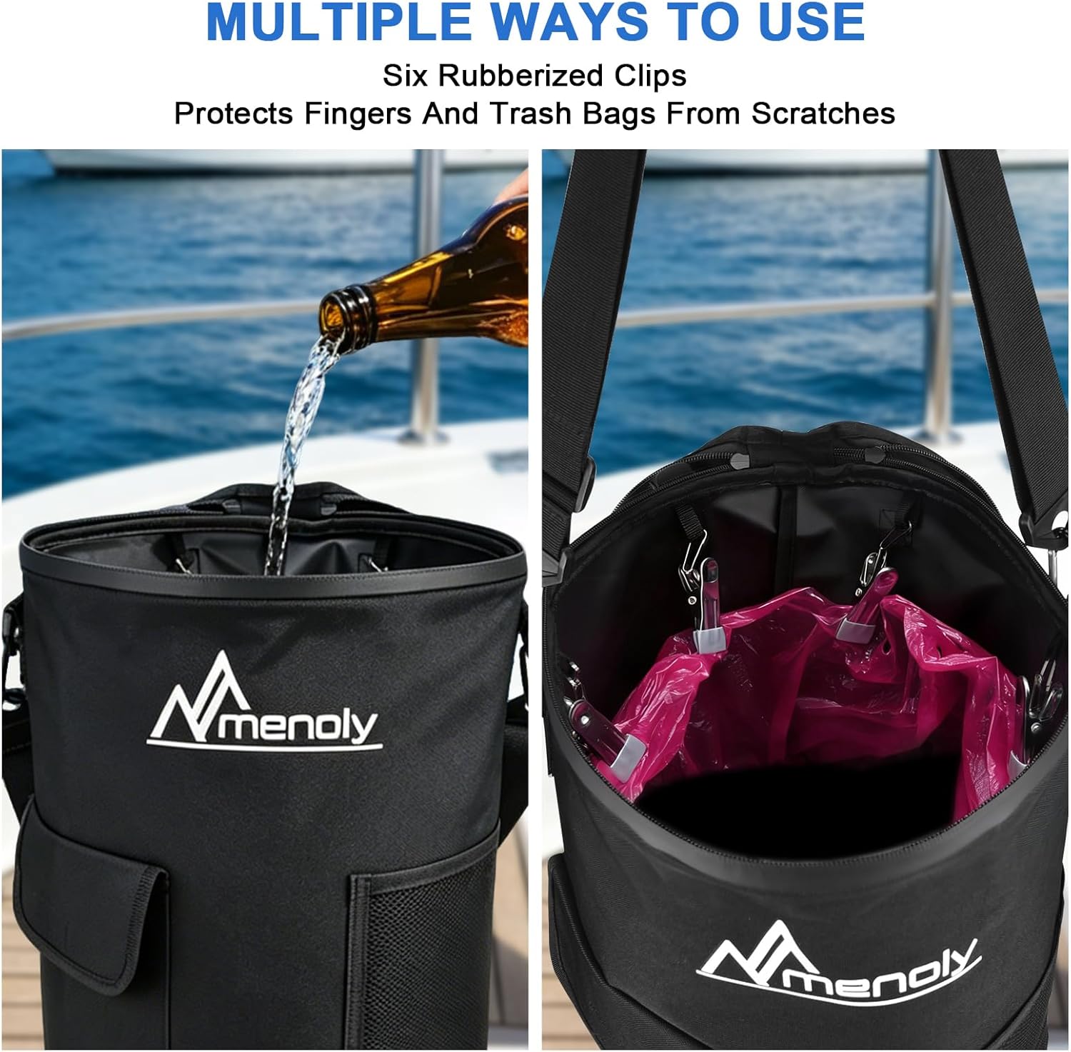MENOLY Boat Trash Can, 100% Odor & Leak Prooft, 900D Oxford Cloth Waterproof Portable Trash Can，Reusable Trash Bag, Garbage Bag Snaps Inside, Pontoon Boat Accessories Storage Fishing, Sandbar, Camping