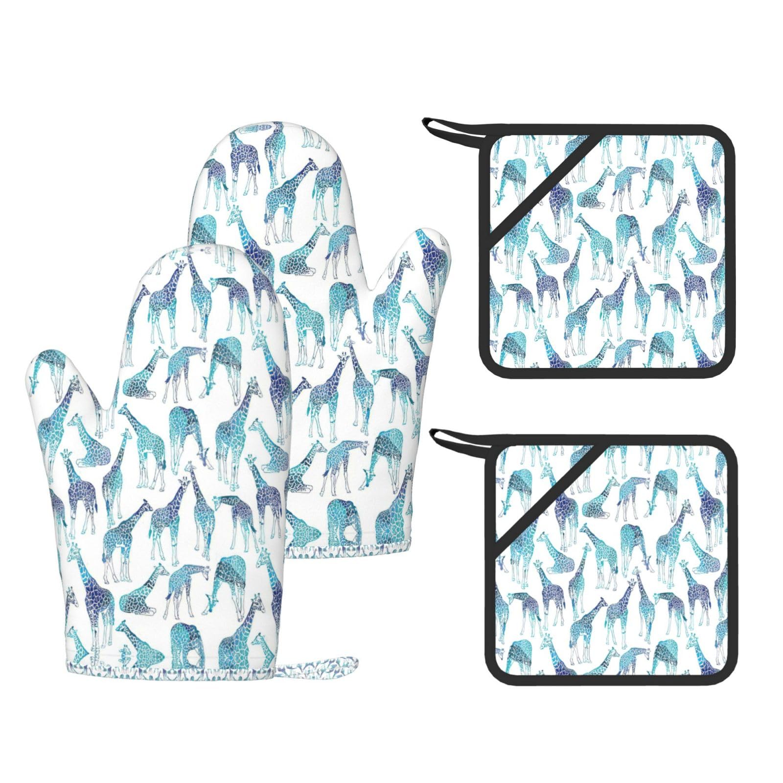 Giraffe pattern Printed Oven Gloves and Hot Pads Set of 4, High Heat Resistant Silicone Mitts for Cooking BBQ