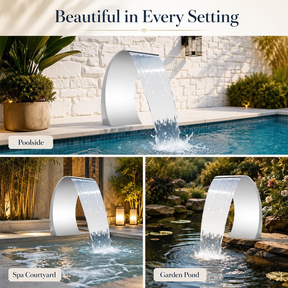 Fontaine Cascade Piscine et Étang – Lame d’Eau en Acier Inoxydable 304 – Débit Constant Design Incurvé – Déversoir pour Bassin de Jardin et Spa – Pompe Non Incluse