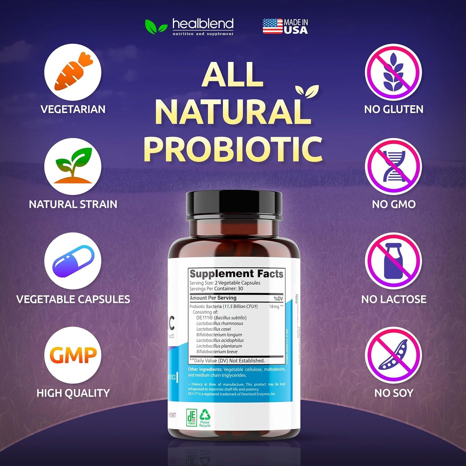 Probiotics for Digestive Health, 11.5 Billion CFU per Serving: DE111, Lactobacillus, Bifidobacterium, Acidophilus Probiotic Supplement, Bloating, Gas and Constipation Relief, 60 Capsules (2)