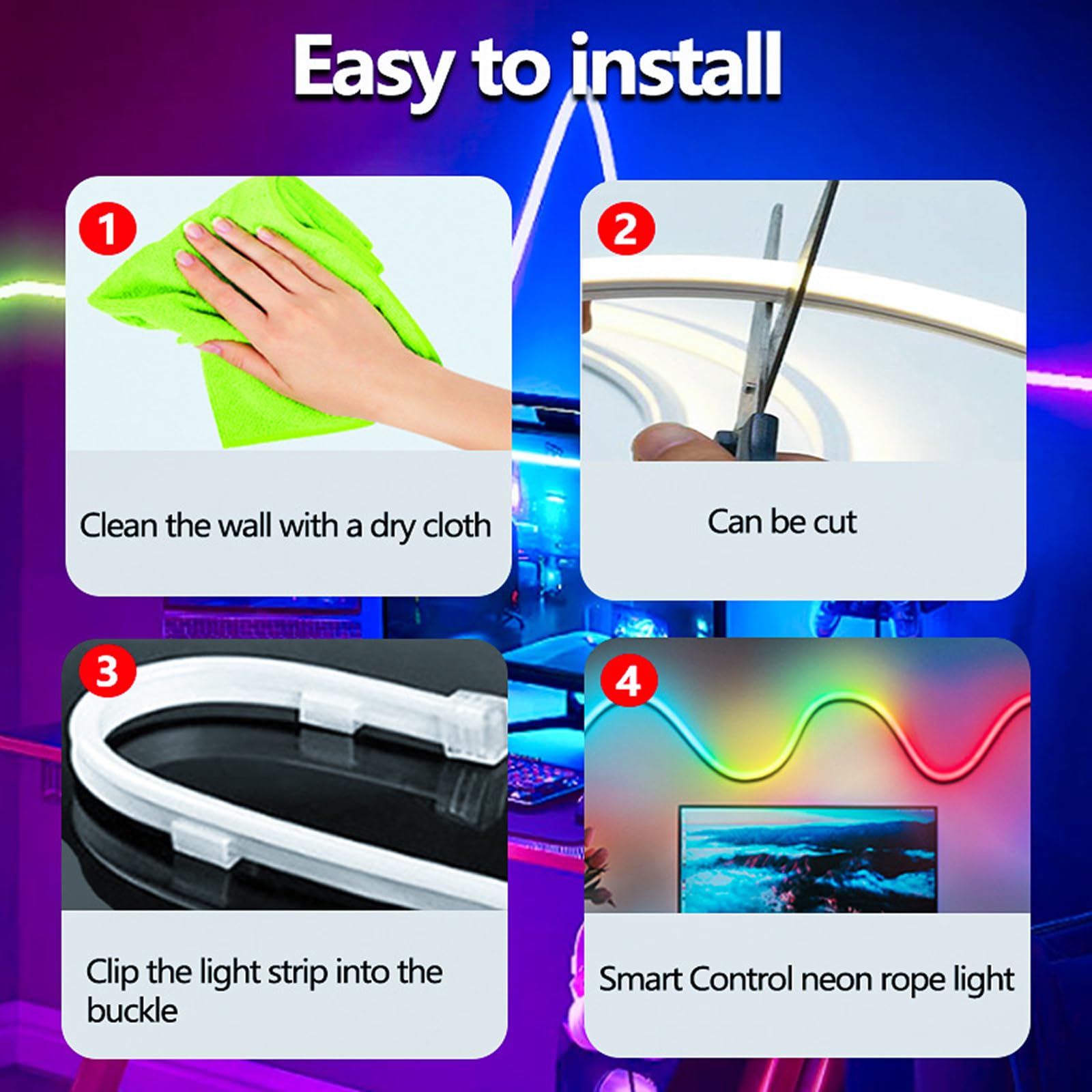 Tira LED de neón, iluminación ambiental activada por voz Wi-Fi/Bluetooth, control con aplicación/mando a distancia múltiples modos, sincronización de música, tira de luz flexible que cambia WiFi -10m
