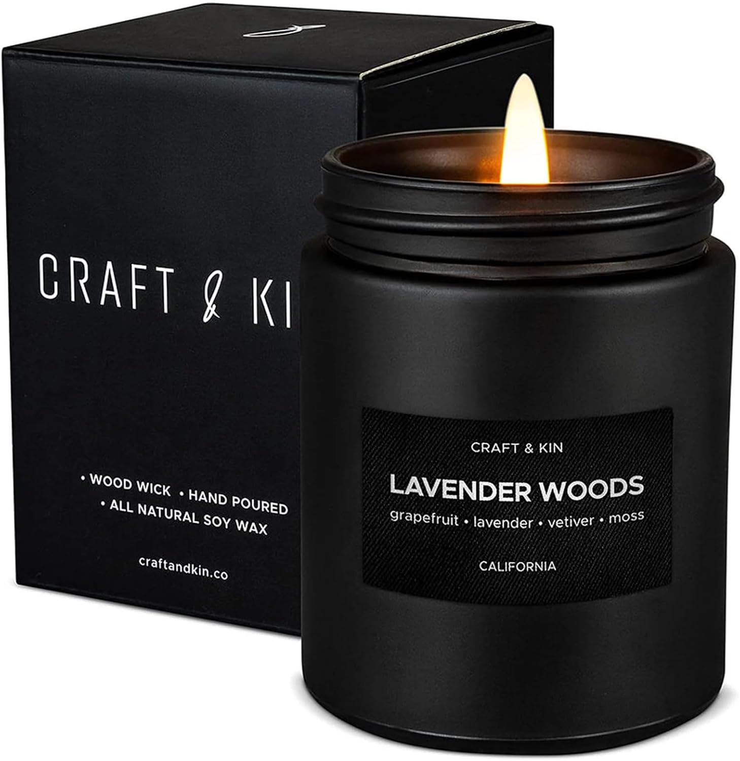 Craft & Kin Premium Lavender Woods Candle | Black Scented Candles for Men | Long Lasting with 45 Hour Burn Time, 7.6oz | Soy Candle | Aromatherapy at Home | Gifts for Men