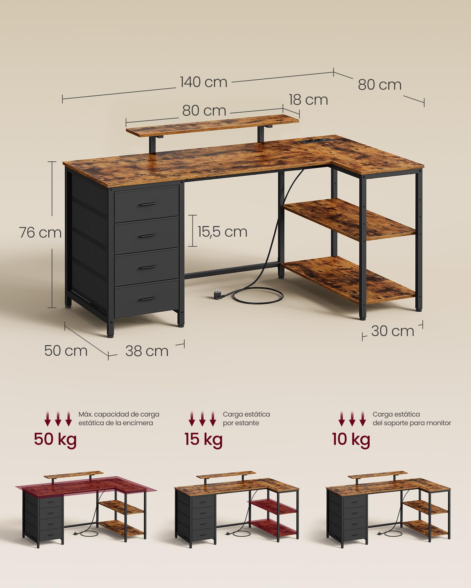 VASAGLE Escritorio Esquinero en L con Enchufes, Escritorio Gaming, Diseño Reversible, Estantes Ajustables, 4 Cajones, 2 Puertos USB, Estudio, Oficina, 140 x 80 cm, Marrón Rústico LWD172KD01