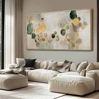 YJYart Abstract Gold Circle Canvas Wall Art Framed 29x58" Green Painting Modern Prints for Living Room Bedroom Office Decor