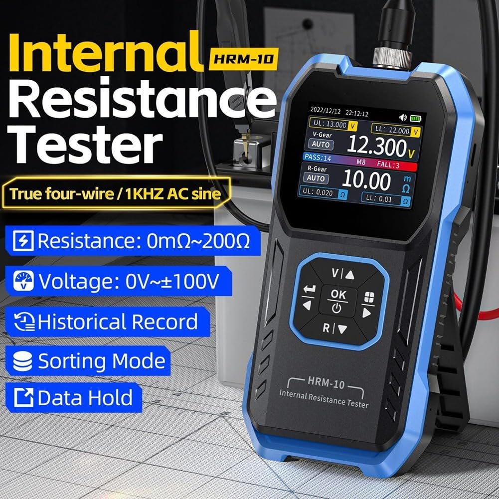 HRM-10 Tester di Resistenza Interna — Misuratore di Tensione e Resistenza per Batteria al Litio ad Alta Precisione, Segnale AC 1KHz a 4 Fili Kelvin, Auto-Range (D)