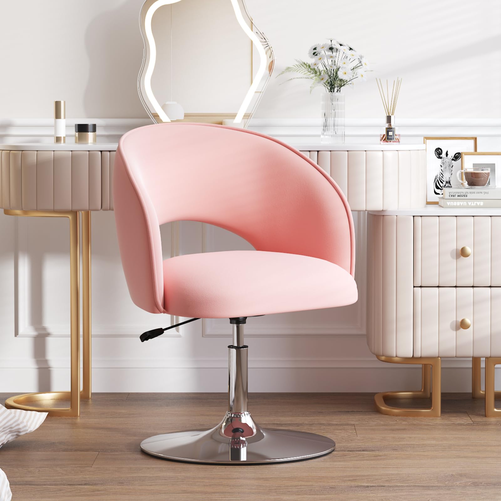 Furniliving Vanity Chair Contemporary Height Adjustable Round Velvet Back Tilt Swivel Accent Chair 360° Swivel Makeup Chair with Chrome Frame Charming Chair Lounge Pub Bar (Pink)-image-31