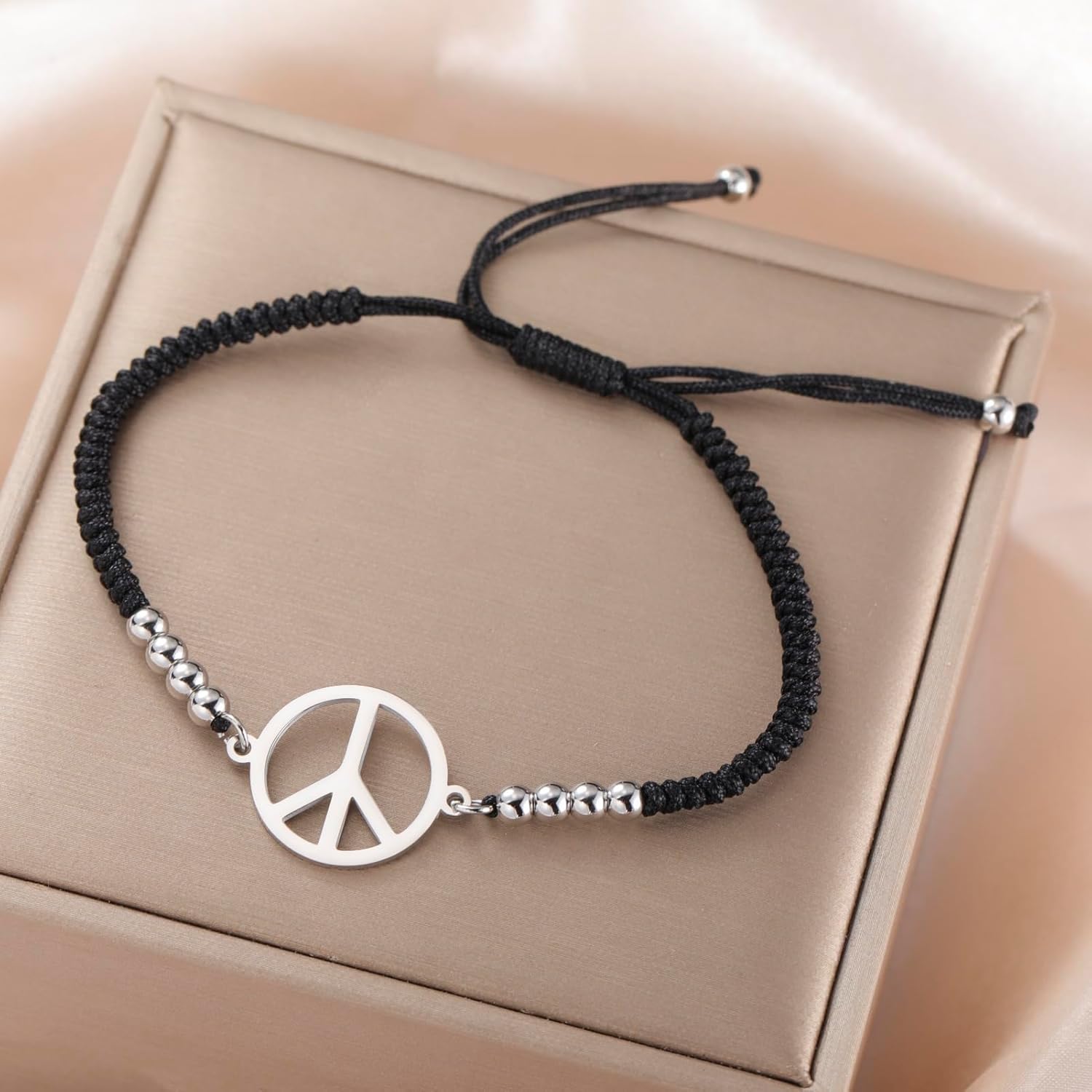 LIKGREAT Peace Adjustable Beaded Bracelet Peace Sign Symbol Pendant Handmade Braided Wax Cords Bracelet for Women - Image 4