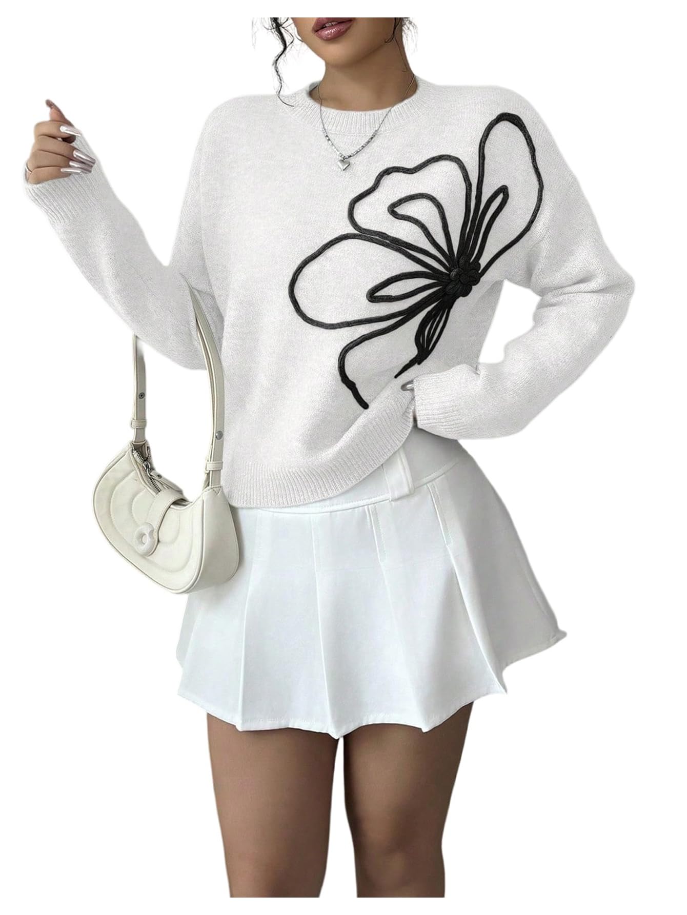 RoseSeek Women's 3D Floral Appliques Sweaters Long Sleeve Knit Tops