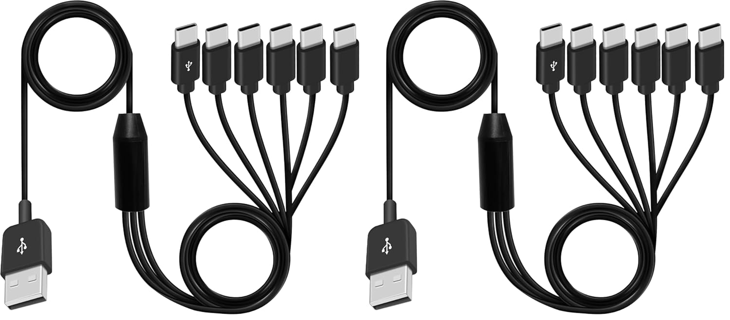 Poyiccot USB A to USB C Splitter Cable, Multi USB C Splitter Cable, 6 in 1 USB 2.0 Type A Male to 6 Type C Male Charging Cord, for USB Type-C Phone, Tablet, 5ft (Pack of 2)
