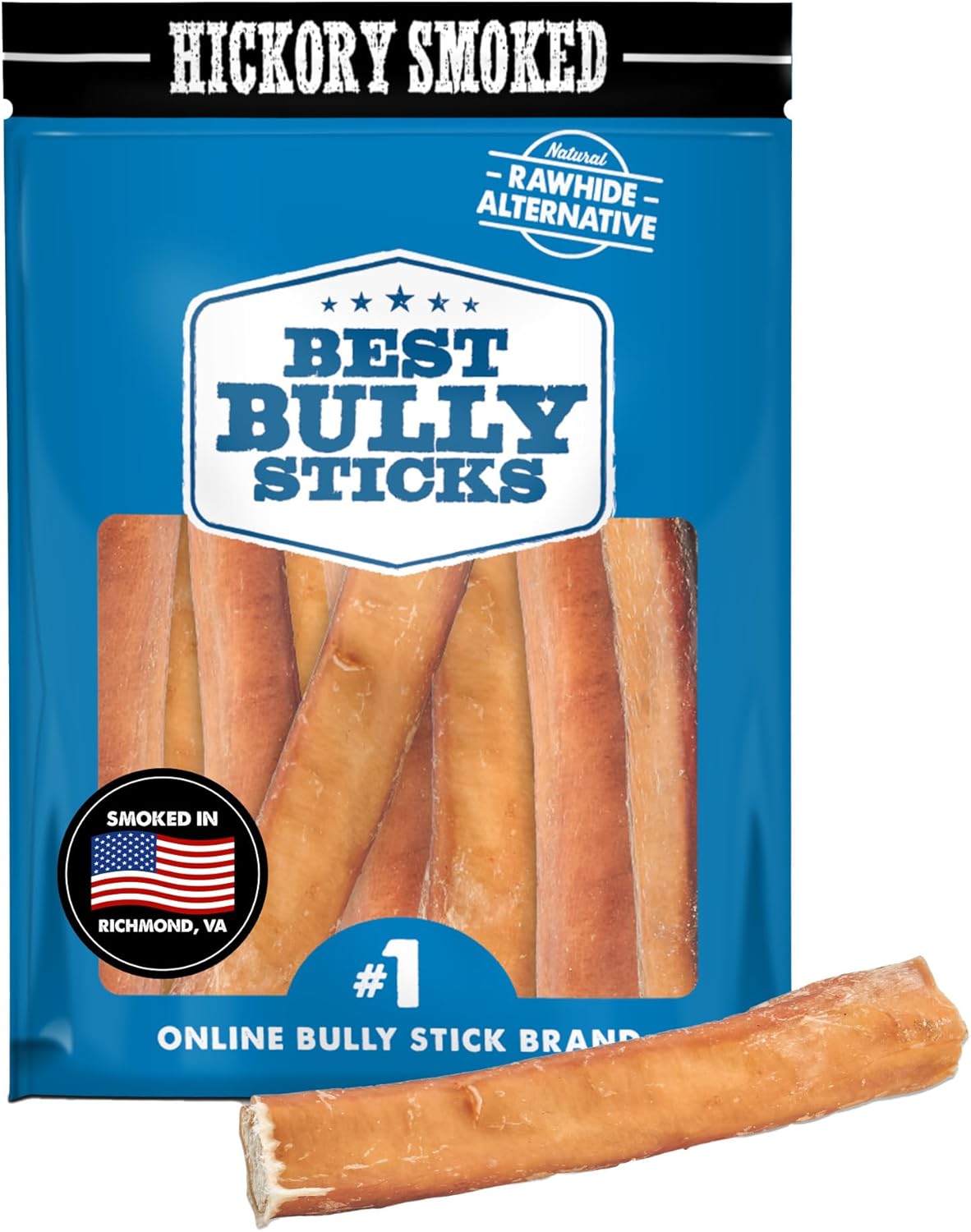 Best Bully Sticks Hickory Smoked Jumbo 6 Inch Bully Sticks - 12 Count (Pack of 1) - Natural, Grain and Odor-Free, Smoky Aroma, No Additives, Grass-Fed
