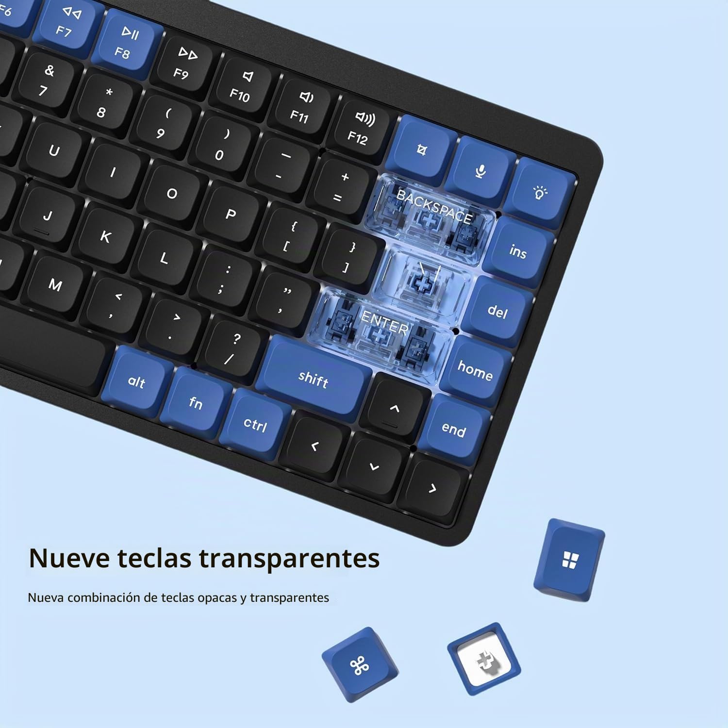 Teclas de Perfil bajo, Doble Disparo PBT 60 75 100 por ciento, Tapas Transparentes ANSI US para Teclado, Azul Oscuro/Azul para la mayoría de los interruptores MX Teclado (Solo Teclas