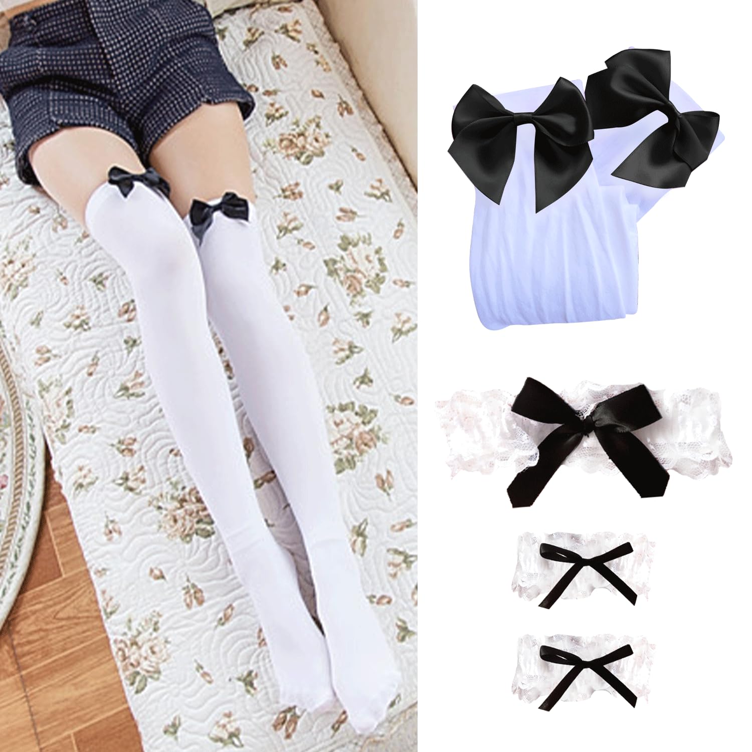 HAICN 7Pieces Maid Costume Accessories Set Feathered Duster Maid Headband Maid Apron Collar With Lace Cuffs Socks Maid Apron Party Decoration Fancy Dress Set for Girl - Image 4