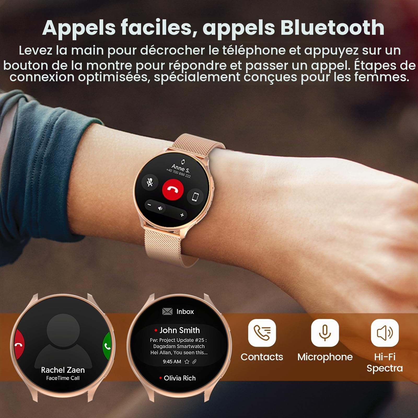 SLOKSFil Montre Connectée Femme avec Appel Bluetooth, 1,39'' HD Smartwatch Ronde, 24H Fréquence Cardiaque/Tension Artérielle, SpO2/Sommeil, 120+ Sports Podomètre Roségold (Or Rose)