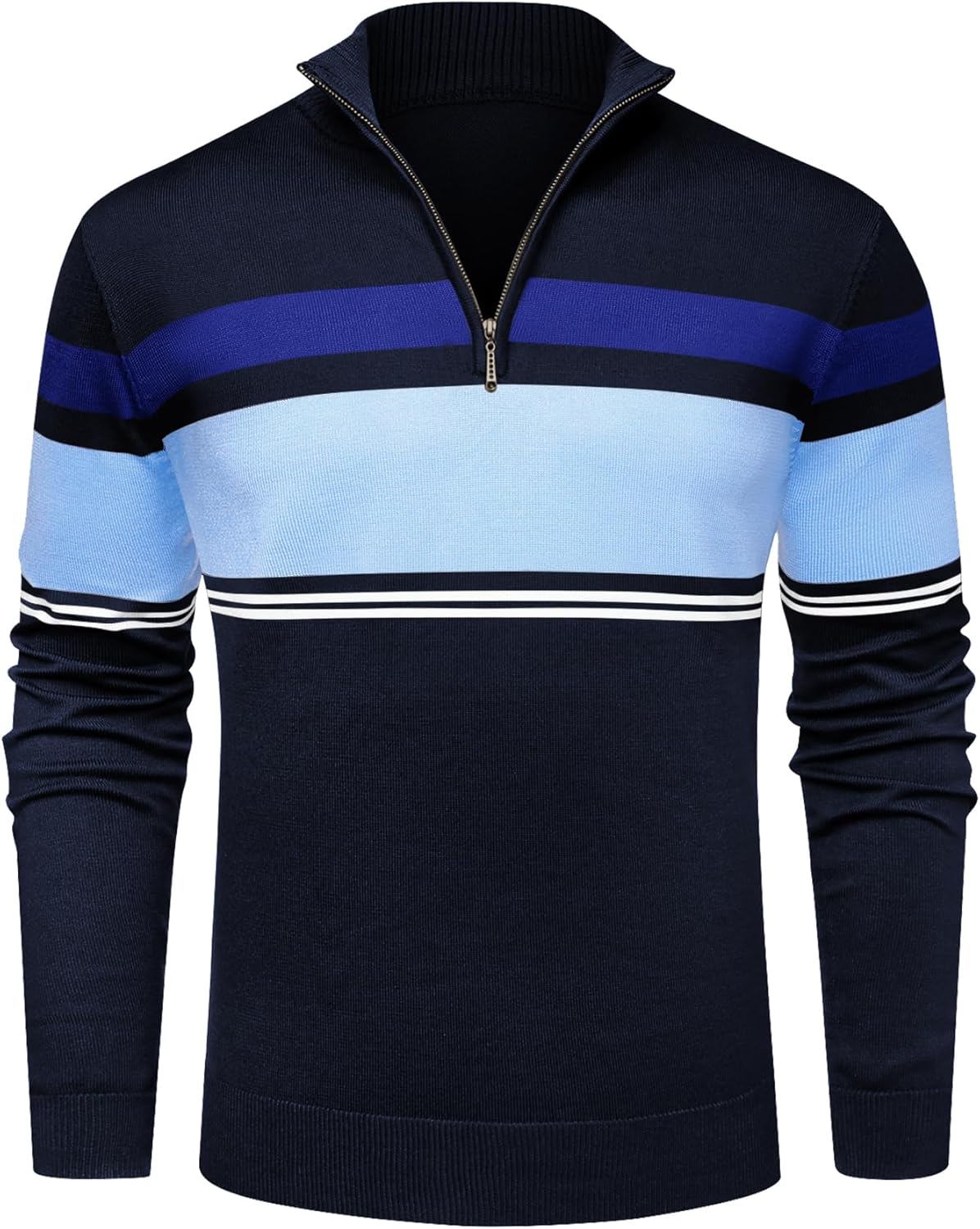 NITAGUT Mens Sweaters 1/4 Zip Up Striped Pullover Slim Fit Fall Winter Spring Long Sleeve Polo Sweaters - Image 3